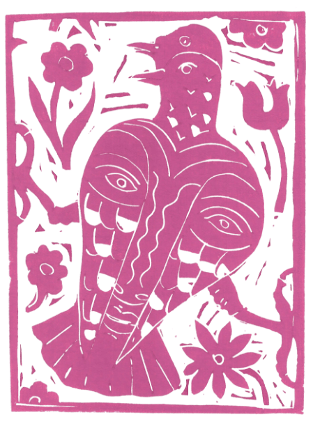 Violette Linoldruck-Illustration eines stilisierten Vogels mit menschlichen Gesichtszügen, umgeben von Blumen.