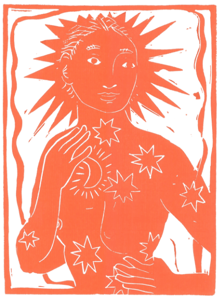 Illustration einer stilisierten menschlichen Figur mit strahlenförmiger Sonne um den Kopf und Sternen auf dem Körper, in orangefarbenem Linoldruck-Stil.