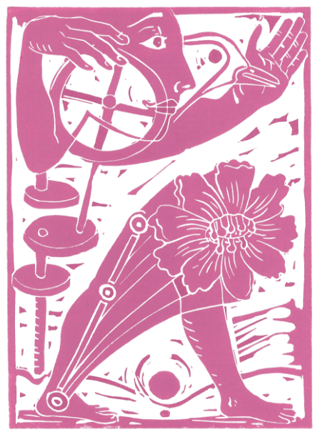 Abstrakte violette Linoldruck-Zeichnung einer Figur mit geometrischen Formen, einer großen Blume und mechanischen Elementen.