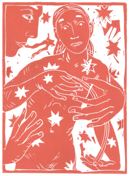 Linoldruckartige Illustration zweier Figuren mit Sternsymbolen, einer Person, die die andere berührt, in orangefarbenem Ton.