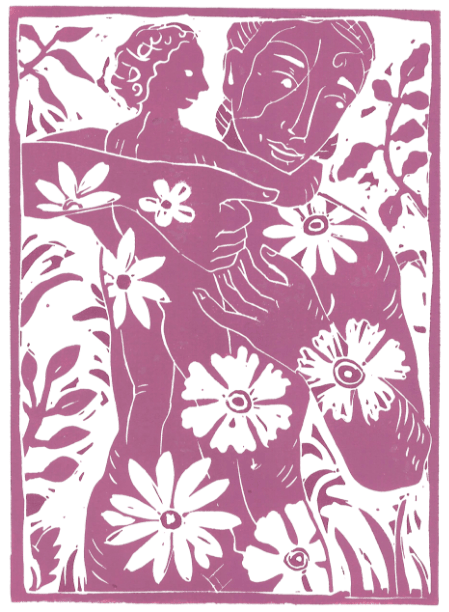 Violette Linoldruck-Illustration einer großen Figur, die ein Kind hält, umgeben von stilisierten Blumen und Pflanzen.