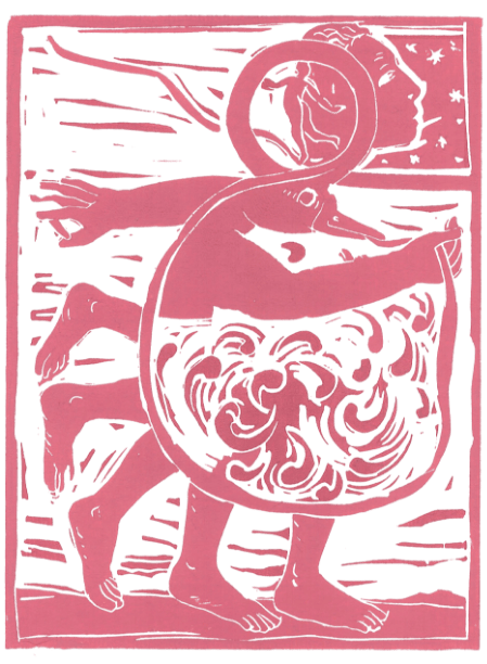 Rote Linoldruck-Illustration einer laufenden Figur, umgeben von Wellen- und Sternsymbolen, in dynamischer Bewegung dargestellt.